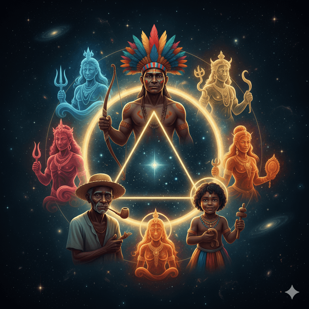 Illustration cosmologique de l'Umbanda brésilienne : triangle sacré formé par trois entités — caboclo indigène avec plumes, preto velho avec pipe en bois, enfant-erê avec jouet — entourés d'orixás lumineux dans un cercle de lumière dorée, style art numérique mystique, fond sombre étoilé