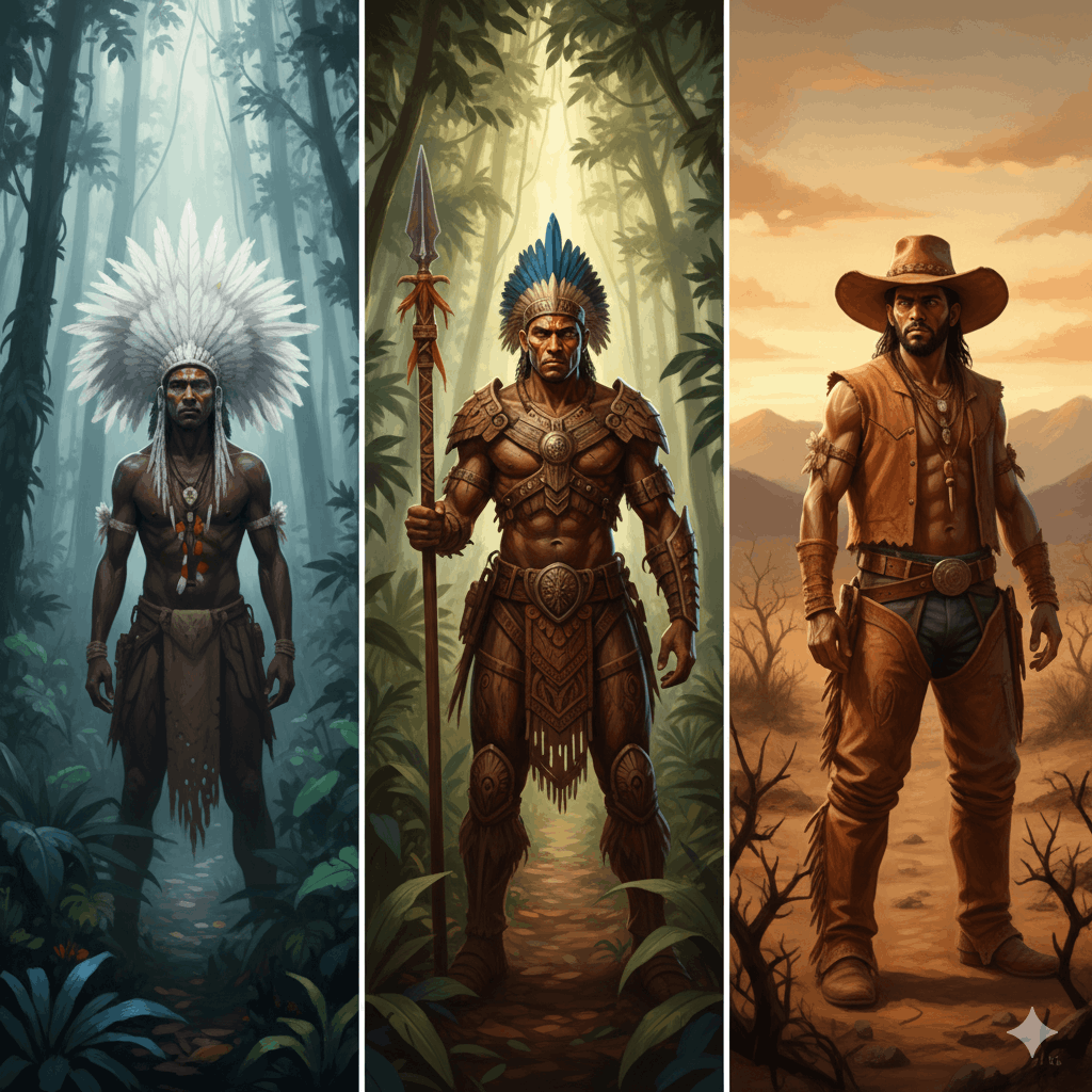 Triptyque artistique représentant les trois lignées de caboclos : à gauche un caboclo de Pena avec coiffe de plumes blanches dans une forêt, au centre un caboclo de Aço guerrier en armure naturelle avec lance, à droite un caboclo de Couro avec chapeau de cowboy brésilien dans le sertão, style peinture numérique afro-brésilienne, palette naturelle et vibrante