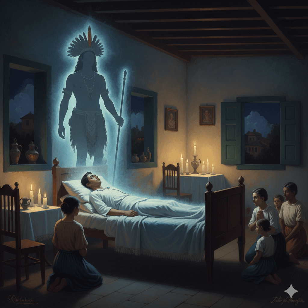 Scène mystique recréant la nuit du 15 novembre 1908 à Niterói : jeune médium en transe entouré de lumière bleue-blanche, silhouette du Caboclo das Sete Encruzilhadas se manifestant au-dessus de lui, intérieur de maison coloniale brésilienne, bougies, style peinture historique symboliste, atmosphère solennelle et sacrée