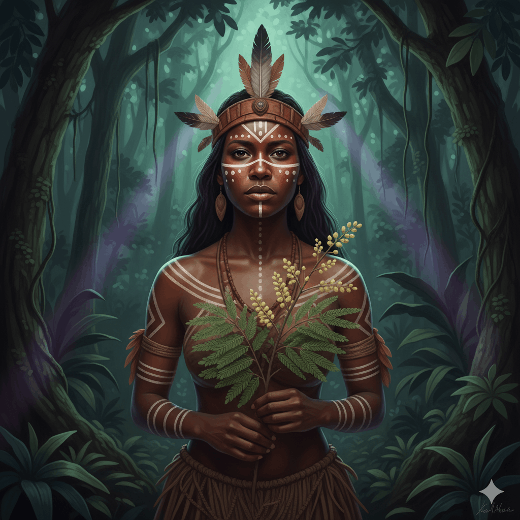 Portrait de la Cabocla Jurema : guerrière spirituelle brésilienne, peinture corporelle, plantes de Mimosa Hostilis (jurema sagrada) dans les mains, regard perçant et puissant, forêt tropicale en arrière-plan, lumière violette et verte mystique, style portrait peinture numérique réaliste afro-brésilien