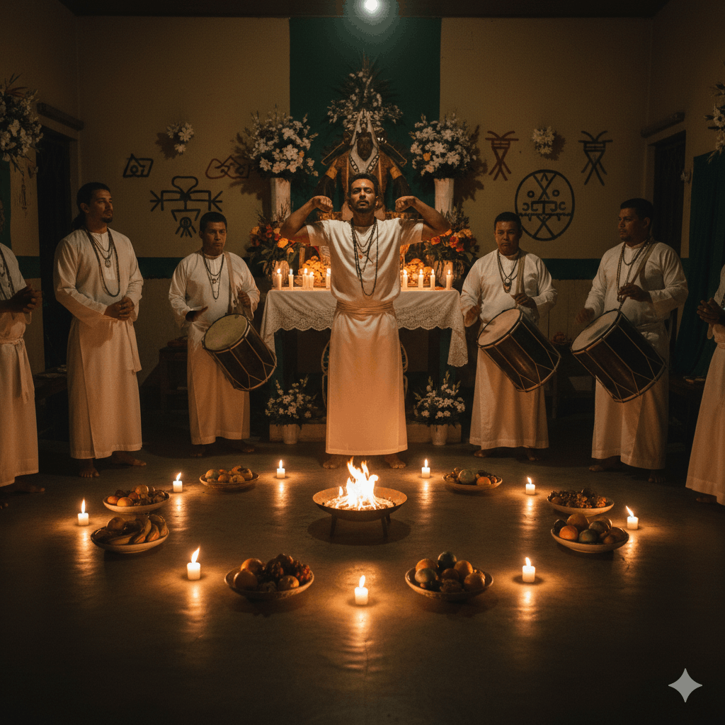 Cérémonie de gira d'Umbanda brésilienne : cercle de médiums en robes blanches dans un terreiro décoré, l'un d'eux en transe incorporant un caboclo — posture haute, bras en arc imaginaire — bougies, fleurs, atabaques (tambours), lumière chaude et mystique, style photographie artistique ou peinture réaliste