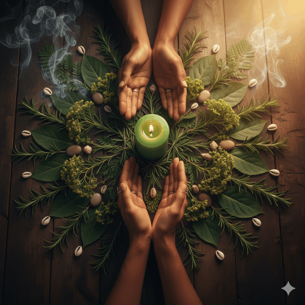 Composition botanique sacrée afro-brésilienne : plantes médicinales disposées en mandala — jurema sagrada (mimosa hostilis), arruda, boldo, alecrim — avec une bougie verte au centre, mains féminines aux paumes ouvertes en position de guérison, lumière dorée, style photographie artistique flat lay mystique
