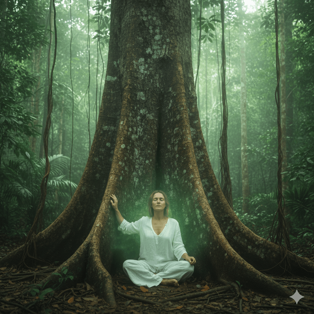 Méditation en forêt amazonienne : femme aux vêtements blancs assise au pied d'un arbre immense, yeux fermés, main posée sur le tronc, lumière verte filtrée, présence spirituelle subtile suggérée par une légère aura verte autour d'elle, style photographie artistique contemplative et mystique