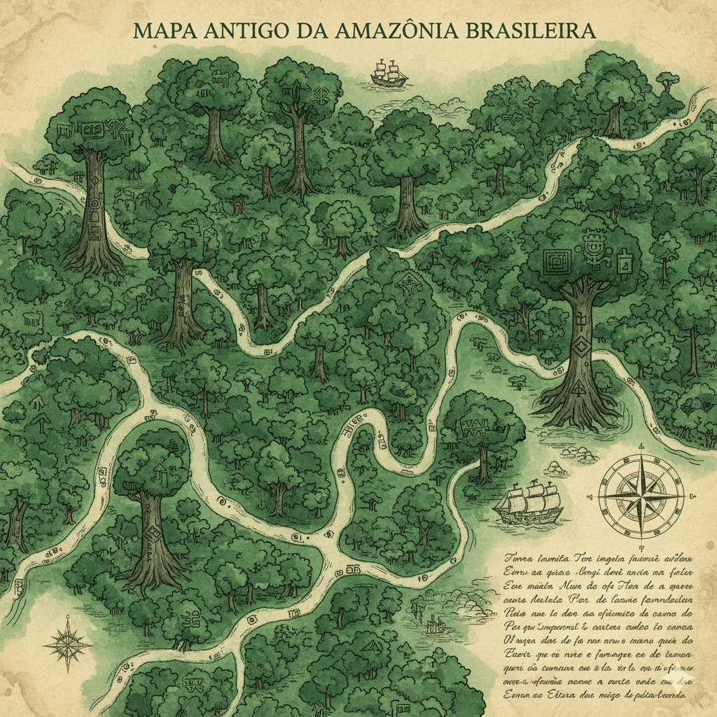 Carte illustrée du bassin amazonien brésilien, rivières sinueuses vues du ciel, forêt dense, symboles tupi anciens gravés dans l'écorce des arbres, lettre manuscrite en ancien portugais en surimpression, style aquarelle ethnographique vintage, tons sépia et vert émeraude