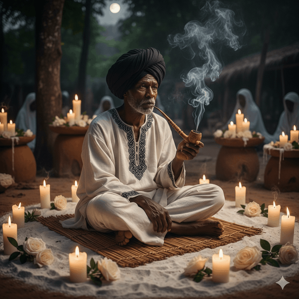Vieux sage afro-brésilien en vêtements blancs et noirs, assis sur une natte, fumant un cachimbo, entouré de bougies blanches allumées et de fleurs blanches, terreiro en arrière-plan flou, ambiance spirituelle chaleureuse, style photoréaliste artistique