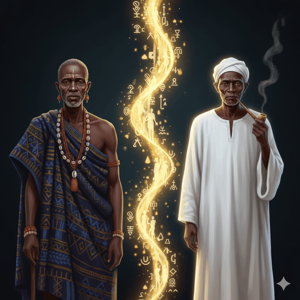 Double portrait symbolique : à gauche un ancêtre africain en tenue traditionnelle, à droite un esprit lumineux Preto Velho en blanc avec une pipe, reliés par une colonne de lumière dorée représentant la transmission ancestrale, fond sombre, style illustration numérique symbolique