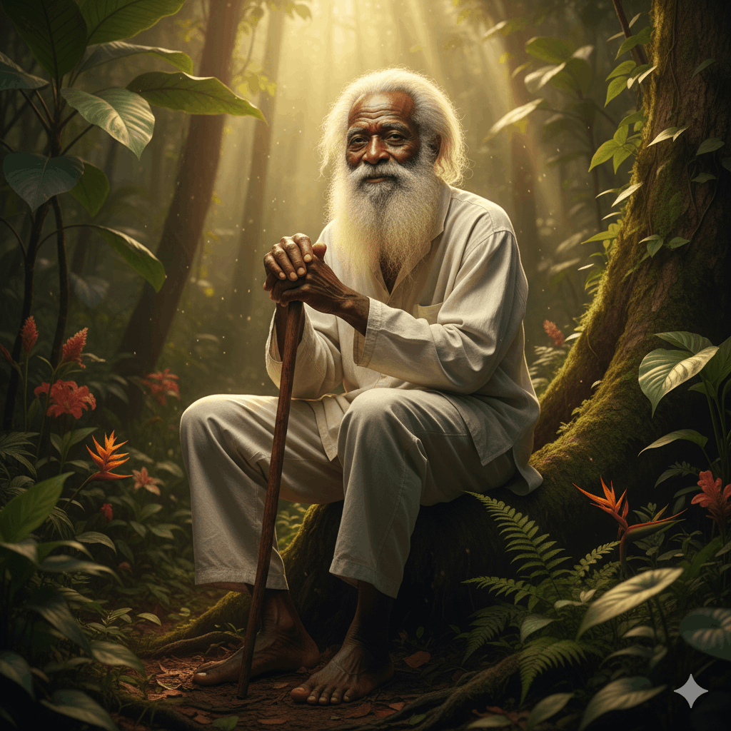 Portrait de Pai João d'Angola, vieil homme africain à la barbe blanche, assis sur un tronc d'arbre, tenant une canne en bois et souriant avec bienveillance infinie, vêtement blanc simple, lumière de forêt tropicale filtrant à travers les feuilles, style portrait photoréaliste artistique
