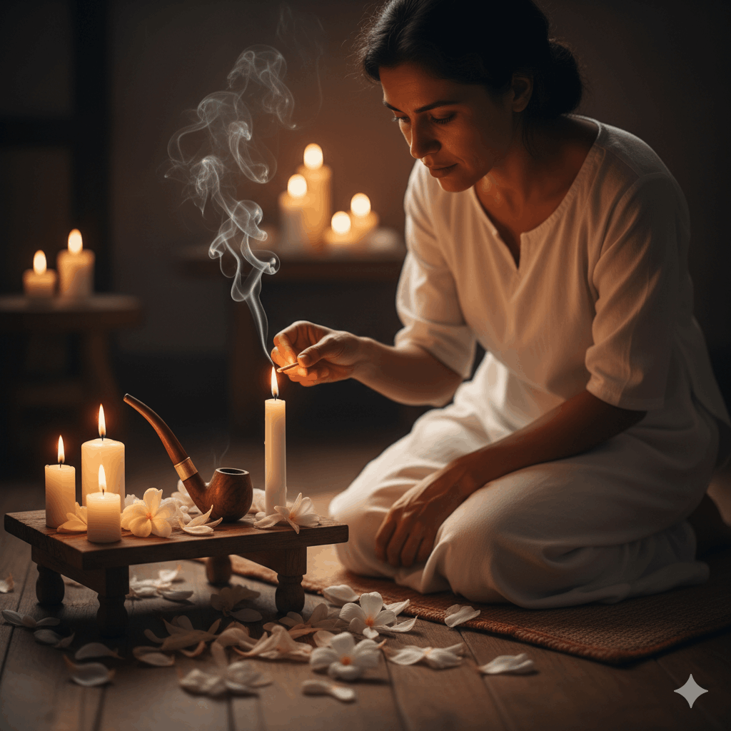 Scène intime d'une femme en tenue blanche allumant une bougie devant un petit autel de Preto Velho, fumée légère du cachimbo posé à côté, pétales blancs éparpillés, lumière de bougie chaleureuse, atmosphère de recueillement et de paix, style photographie artistique