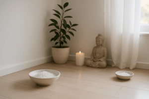 Photo d'intérieur zen et lumineux avec des coupelles en céramique blanche remplies de gros sel marin disposées dans les coins d'une pièce, lumière douce naturelle, ambiance sereine et purifiée, style lifestyle spirituel