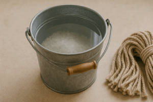 Seau en métal avec eau claire et gros sel en dissolution, lumière naturelle, ambiance purification, serpillière en fibres naturelles à côté