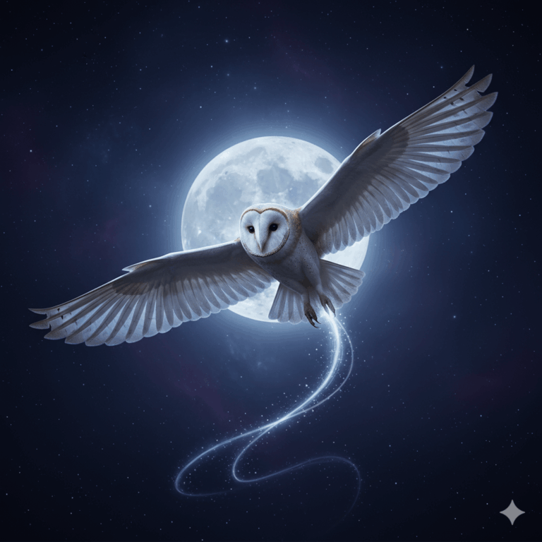 Chouette en vol silencieux dans une nuit étoilée, ailes déployées, lune pleine en arrière-plan, traînée de lumière magique, atmosphère onirique et spirituelle, palette de couleurs nocturnes avec des accents argentés