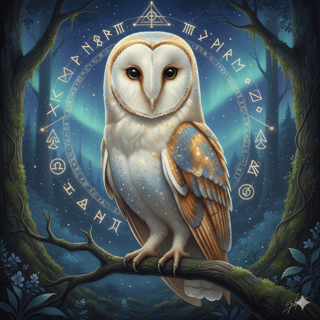 Chouette dans une posture de messager spirituel, plumes scintillantes comme des étoiles, lumière dorée émanant de son corps, symboles mystiques flottant autour d'elle, ambiance sacrée et inspirante, style fantastique réaliste