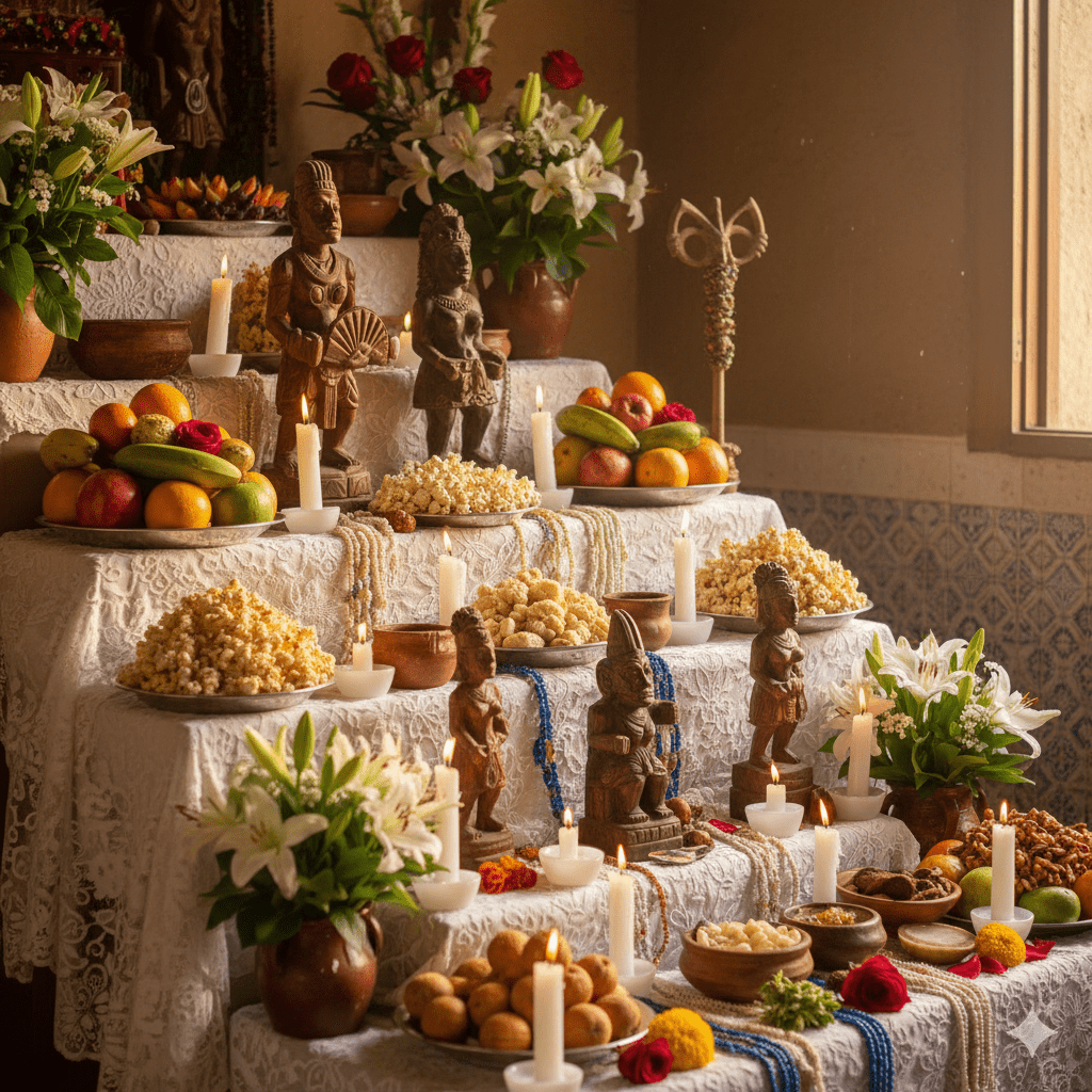 Autel afro-brésilien du Candomblé avec offrandes colorées, tissus blancs et perles, statues d'Orishas, bougies, fleurs fraîches, atmosphère respectueuse et authentique, lumière naturelle chaude, style documentaire culturel
