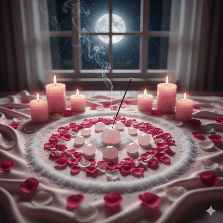 Vue aérienne d'un autel spirituel pour rituel d'amour, bougies roses et blanches allumées, bâton d'encens fumant, cristaux de quartz rose, pétales de rose dispersés, tissu blanc ou rose pâle, cercle de sel, pleine lune visible par la fenêtre en arrière-plan, lumière douce et mystique, photographie réaliste