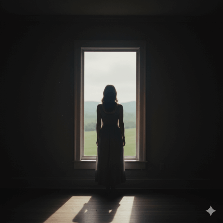 Femme de dos regardant par une fenêtre dans la pénombre, silhouette contemplative, lumière extérieure contrastant avec l'intérieur sombre, atmosphère introspective et questionnante, style cinématographique doux