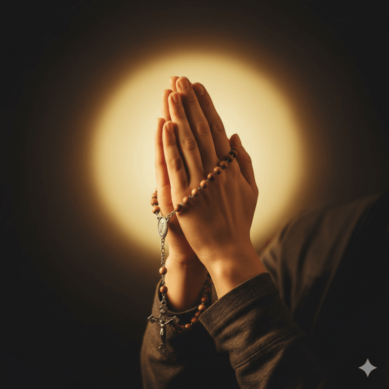 mains féminines jointes en prière tenant un chapelet, lumière dorée douce illuminant les mains, atmosphère sereine et spirituelle, fond sombre avec halo lumineux, style photographique réaliste, composition centrée