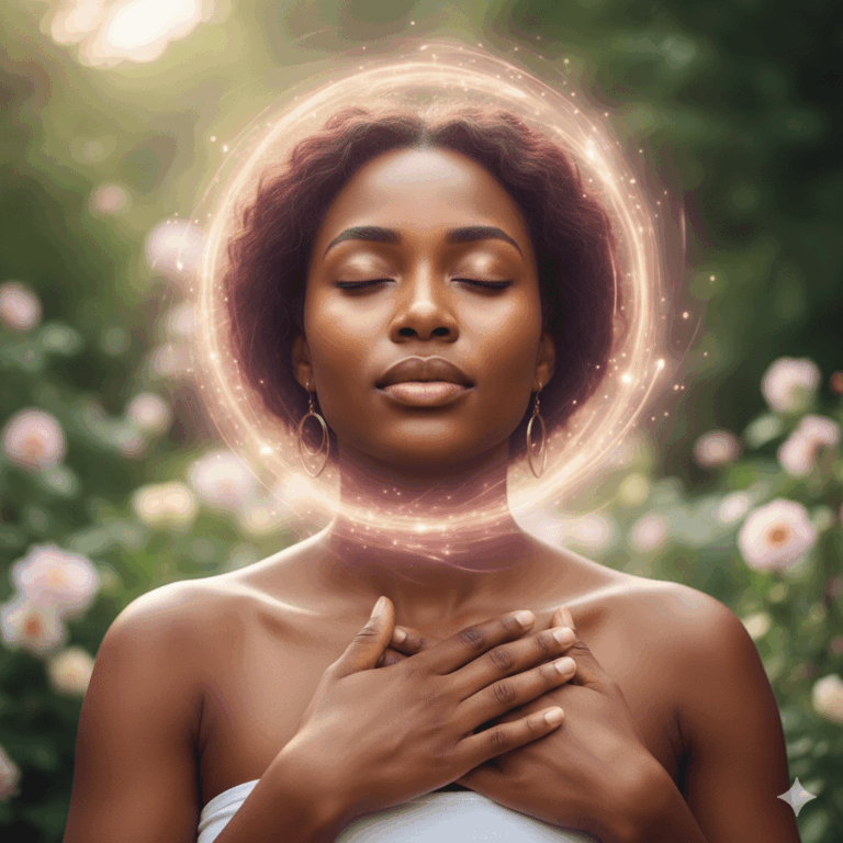 Portrait d'une femme afro-descendante sereine, les yeux fermés, les mains posées sur son cœur, entourée d'une aura lumineuse rose et dorée, fond naturel flou avec des éléments floraux, lumière douce et spirituelle, photographie réaliste, atmosphère paisible et bienveillante