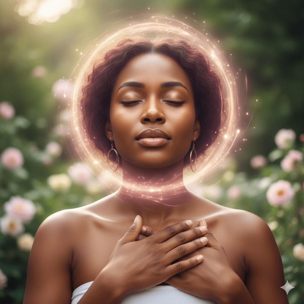 Portrait d'une femme afro-descendante sereine, les yeux fermés, les mains posées sur son cœur, entourée d'une aura lumineuse rose et dorée, fond naturel flou avec des éléments floraux, lumière douce et spirituelle, photographie réaliste, atmosphère paisible et bienveillante