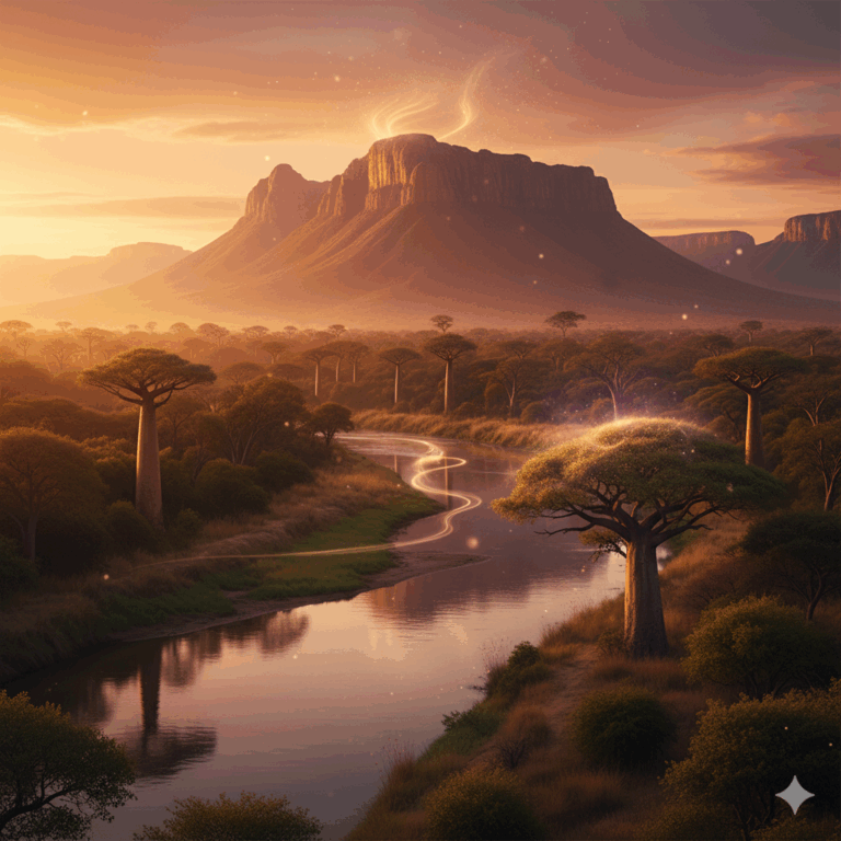 Paysage africain sacré montrant différents éléments naturels (montagne, rivière, forêt) avec présence subtile d'auras lumineuses suggérant la dimension spirituelle, coucher de soleil doré, style photo-réaliste avec touche de surréalisme respectueux