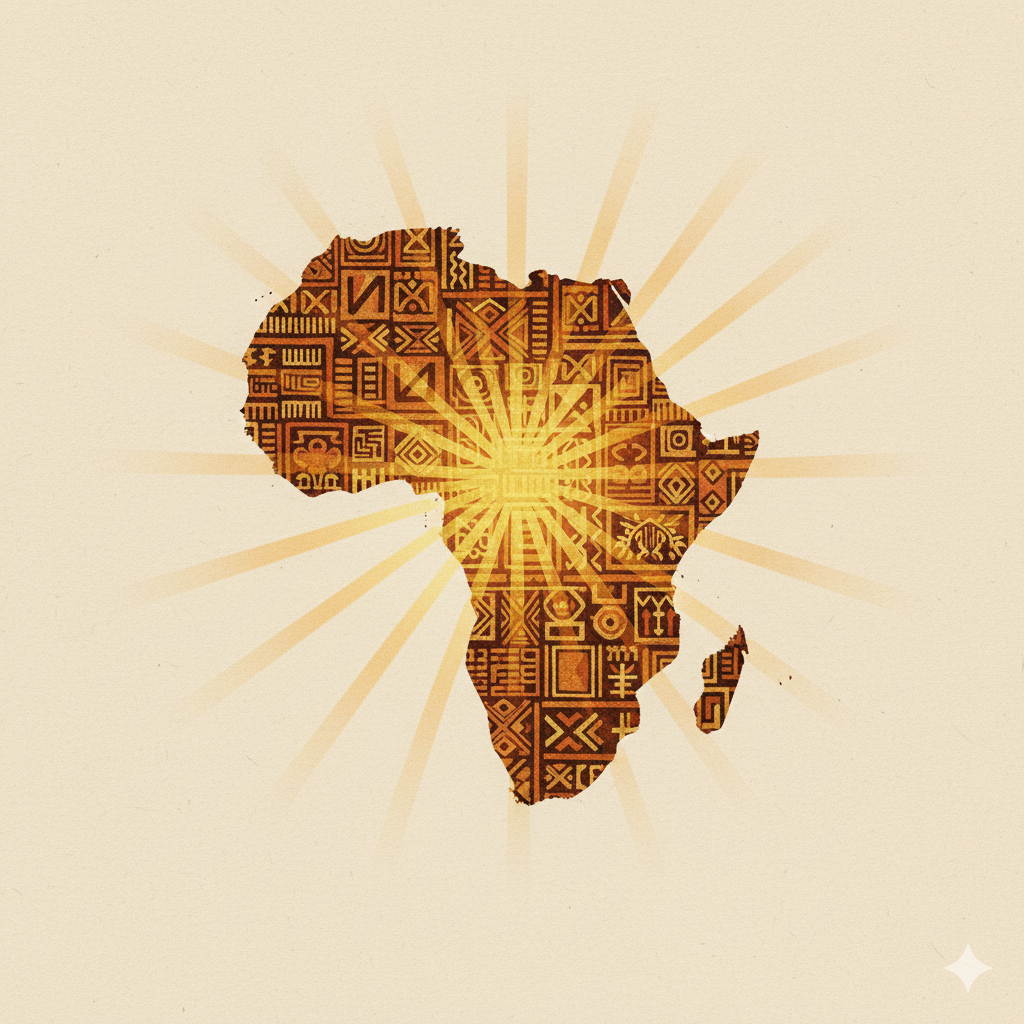 Illustration artistique du continent africain composé de motifs géométriques traditionnels (adinkra, symboles ashanti), palette de couleurs chaudes (ocre, terre de Sienne, or), rayons de lumière émanant du centre, style moderne et respectueux des cultures africaines, composition équilibrée horizontale