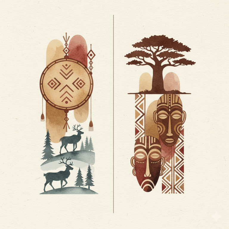 Illustration artistique minimaliste montrant d'un côté des symboles sibériens (tambour chamanique, toundra) et de l'autre des symboles africains (masques, baobabs), séparés par une ligne fine, palette de couleurs terreuses ocre et brun, style aquarelle ethnographique