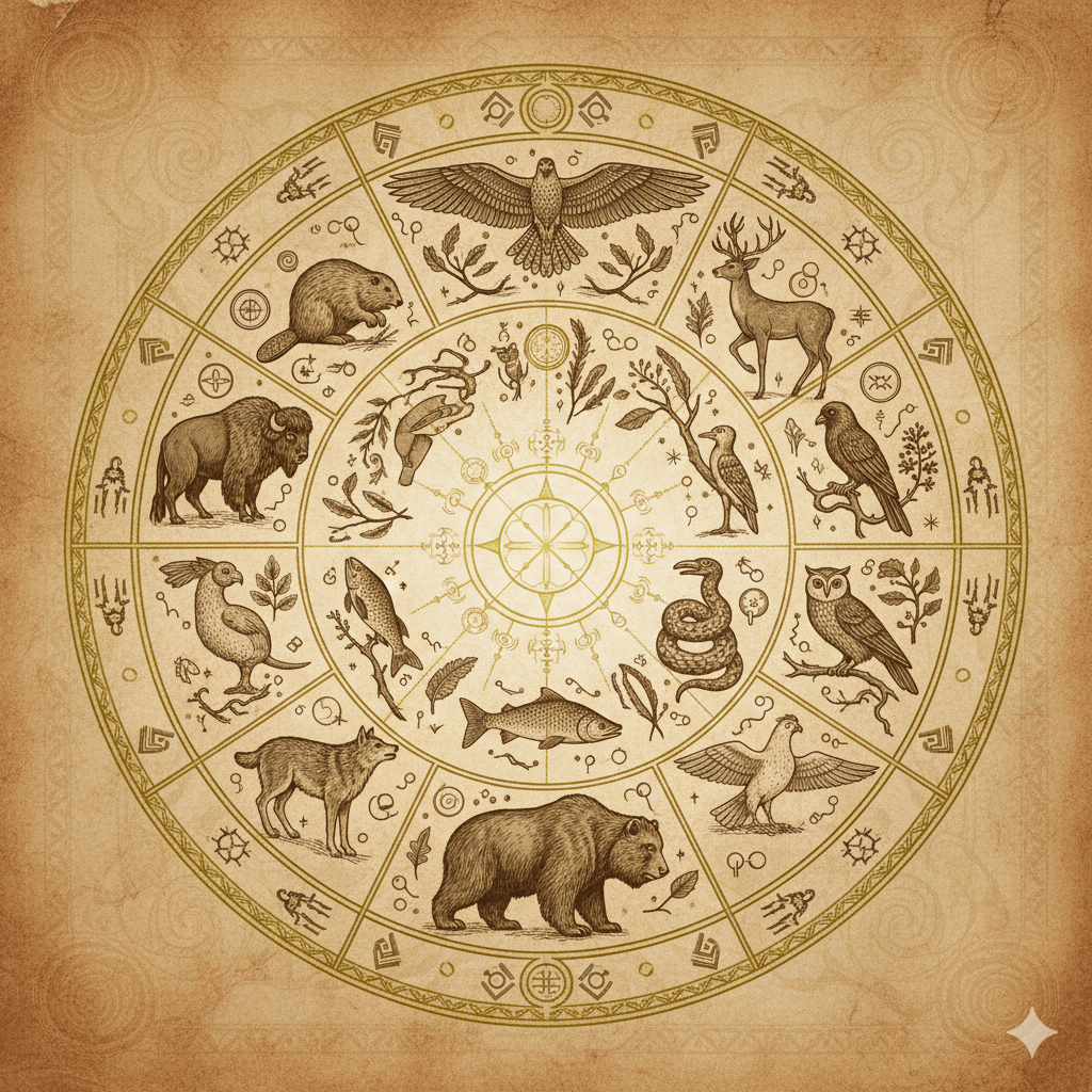Cercle zodiacal amérindien illustré avec les 13 animaux totems disposés en roue — faucon, castor, cerf, pivert, saumon, ours, corbeau, serpent, hibou, oie des neiges, loutre, loup, bison — style illustration botanique vintage sur parchemin, tons sépia et or, motifs autochtones, lumière douce, fond texturé naturel, vue de dessus, ultra-détaillé