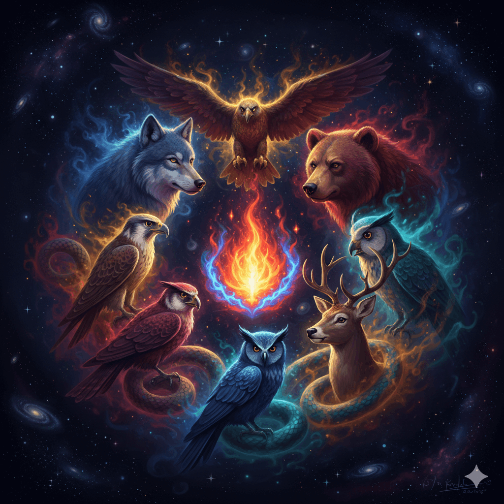 Composition artistique réunissant huit animaux totemiques puissants — loup, aigle, ours, serpent, faucon, hibou, corbeau, cerf — disposés en cercle autour d'une flamme centrale, chaque animal entouré d'une aura lumineuse colorée, style peinture numérique fantastique, fond sombre étoilé, tons indigo, or, turquoise et rouge profond, ultra-détaillé