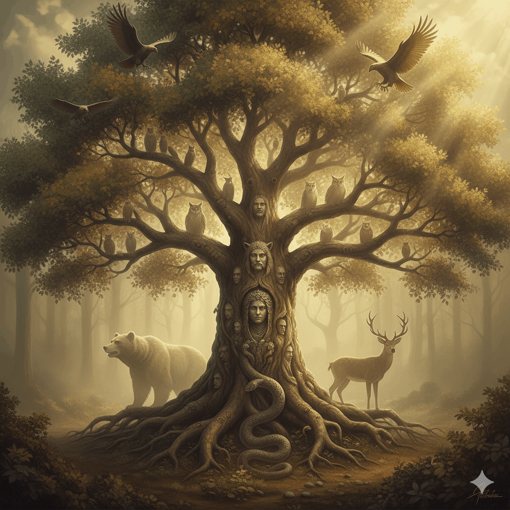 Arbre généalogique ancestral dont les racines et les branches se transforment en silhouettes d'animaux totems, visages d'ancêtres translucides intégrés dans l'écorce, lumière dorée et brumeuse filtrant à travers les feuilles, style peinture numérique onirique et symbolique, tons sépia, or et vert profond, atmosphère de mémoire et de transmission, ultra-détaillé
