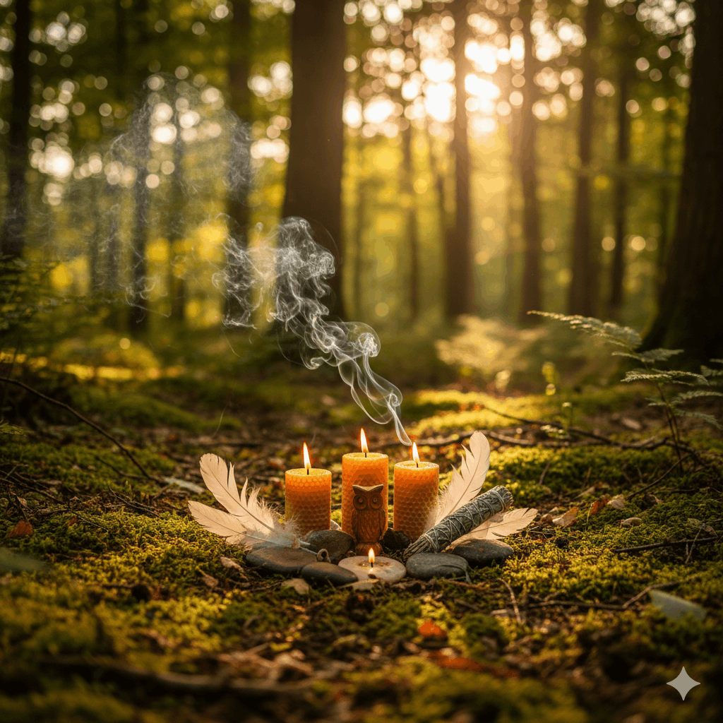 Petit autel naturel et intime disposé au sol dans une forêt — plumes, pierres, bougies allumées, figurine d'un animal, brins de sauge fumants — lumière de fin d'après-midi dorée traversant les arbres, style photographie d'art naturaliste chaleureux, ambiance rituel personnel et sincère, composition centrée, tons or, vert et beige, ultra-détaillé, 16:9