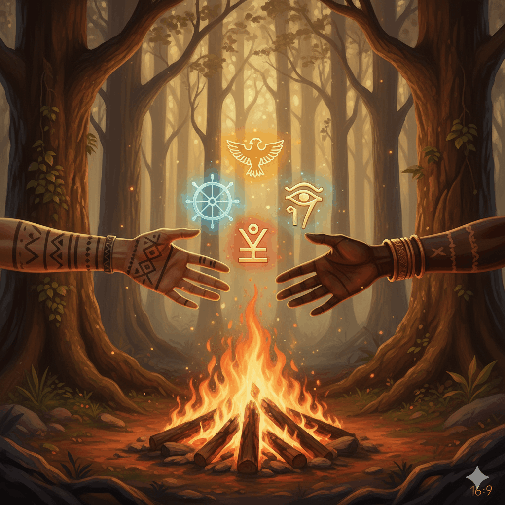 Mains de deux personnes de cultures différentes se tendant l'une vers l'autre au-dessus d'un feu sacré, symboles autochtones amérindiens et africains lumineux flottant entre elles, forêt ancienne en arrière-plan, style peinture numérique symbolique et respectueuse, tons chauds — orange, ocre, brun — atmosphère de dialogue interculturel et d'harmonie, ultra-détaillé