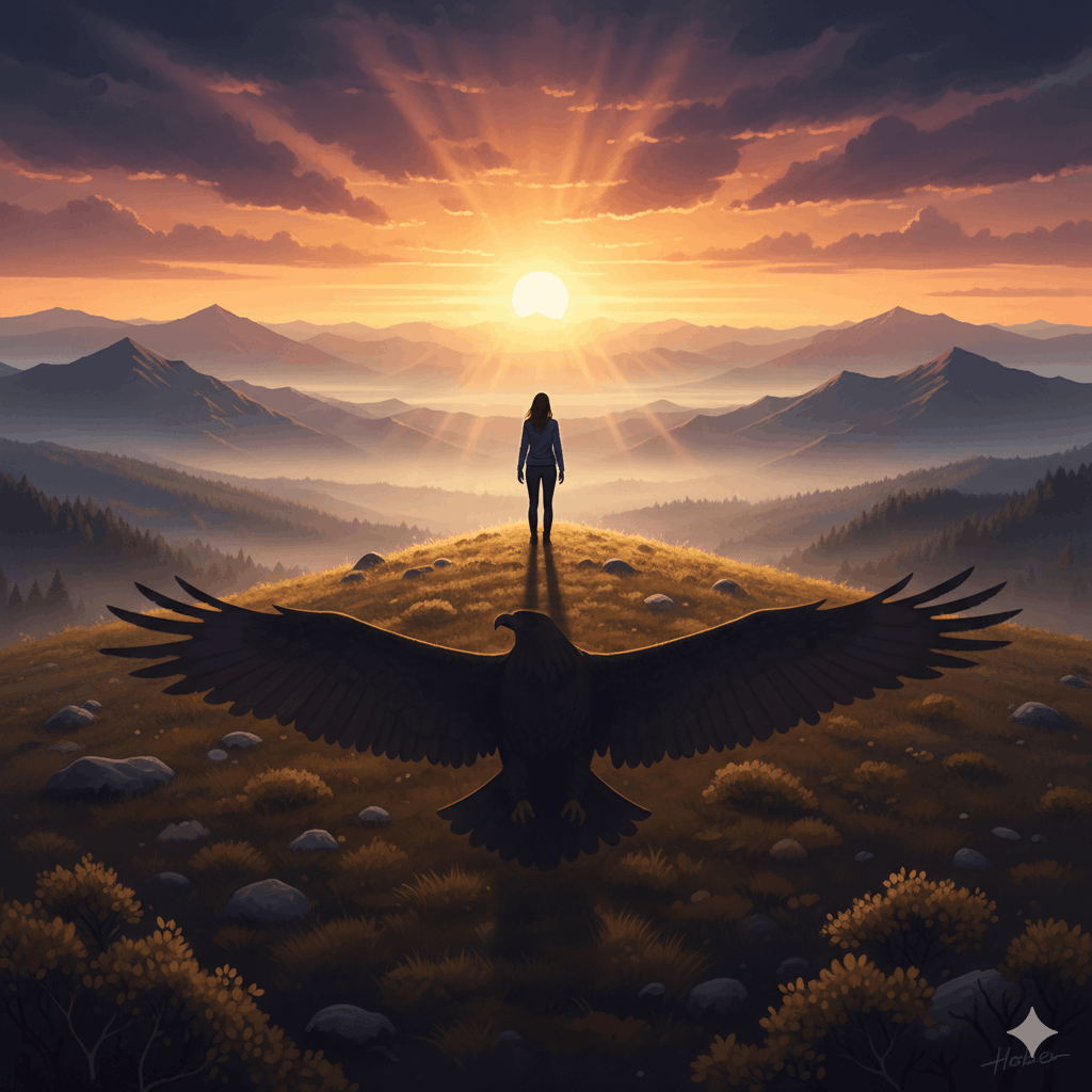 Silhouette d'une femme debout au sommet d'une colline au lever du soleil, face à un paysage sauvage et immense, son ombre projetant la forme d'un grand aigle aux ailes déployées, style peinture numérique épique et symbolique, tons orangés, violets et dorés, lumière d'aube cinématographique, sentiment de mission accomplie et de chemin qui s'ouvre, ultra-détaillé