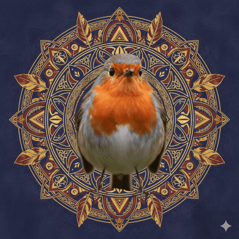 Rouge-gorge au centre d'un mandala spirituel multiculturel, avec des motifs inspirés des traditions celtiques, afro-brésiliennes et amérindiennes, palette de couleurs ocre, rouge, or et bleu nuit, illustration numérique style spirituel contemporain