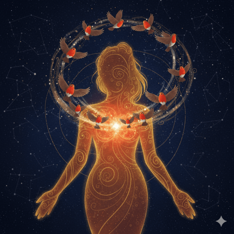 Illustration symbolique d'une silhouette féminine dont la poitrine rayonne d'une lumière orange-rouge, entourée de rouges-gorges en vol, style art numérique spirituel, tons chauds et lumineux, fond nuit étoilée, puissant et poétique