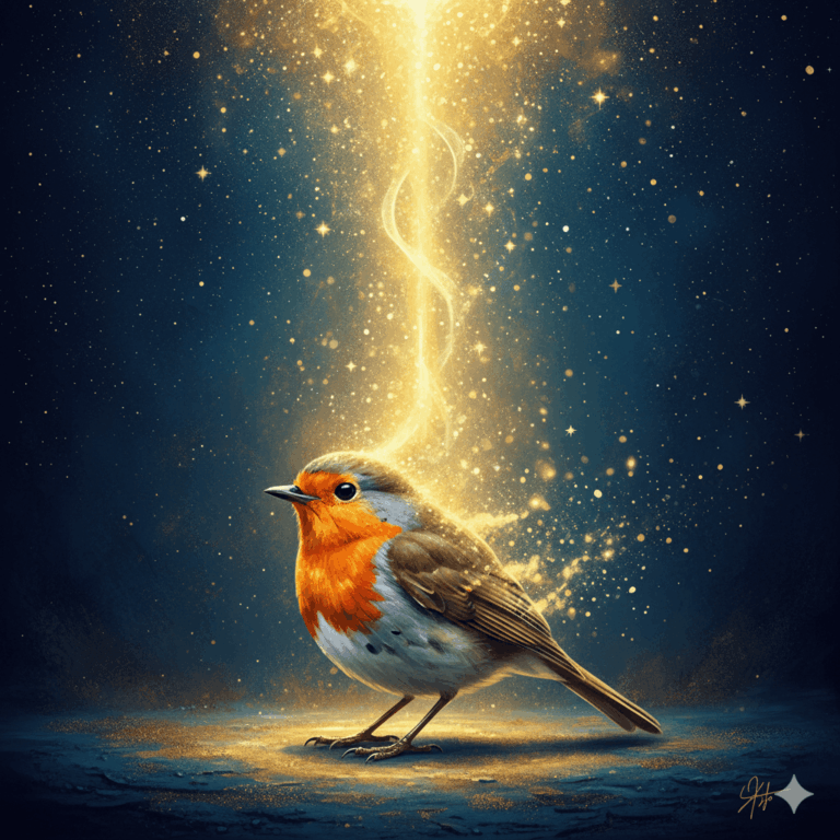 Illustration d'un rouge-gorge dont les plumes se transforment progressivement en lumière dorée et en particules de lumière vers le haut, symbolisant le passage entre les mondes, fond bleu nuit et or, style illustration spirituelle contemporaine émouvante