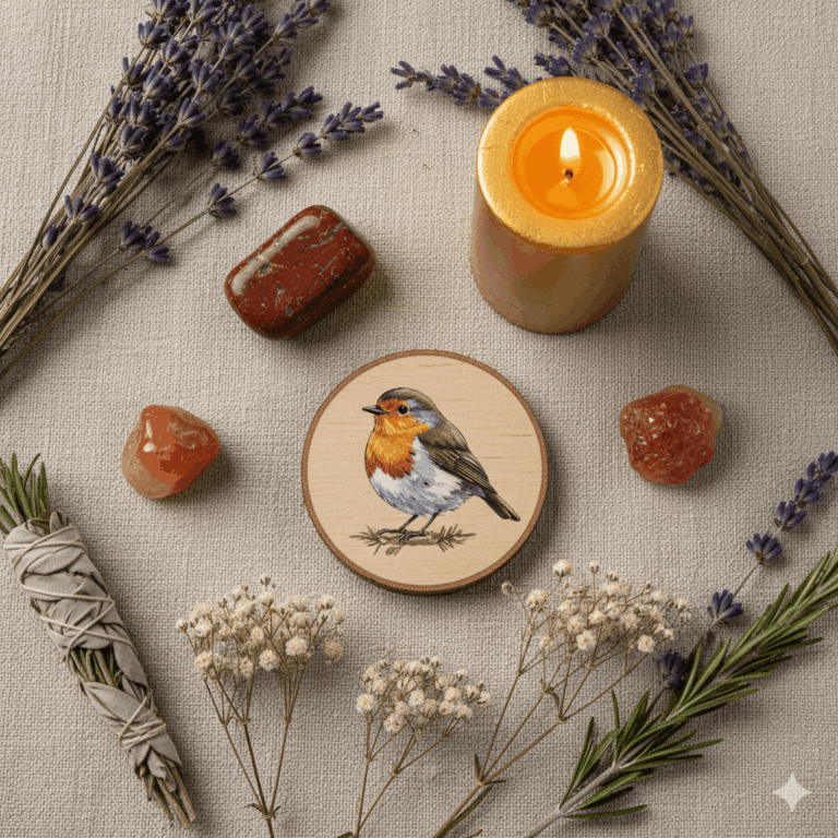 Vue de dessus d'un autel spirituel avec une représentation de rouge-gorge, une pierre de jaspe rouge, une cornaline orange, une bougie dorée allumée, des fleurs séchées et des herbes, fond tissu naturel crème, style photographie lifestyle spirituel flat lay soigné et élégant