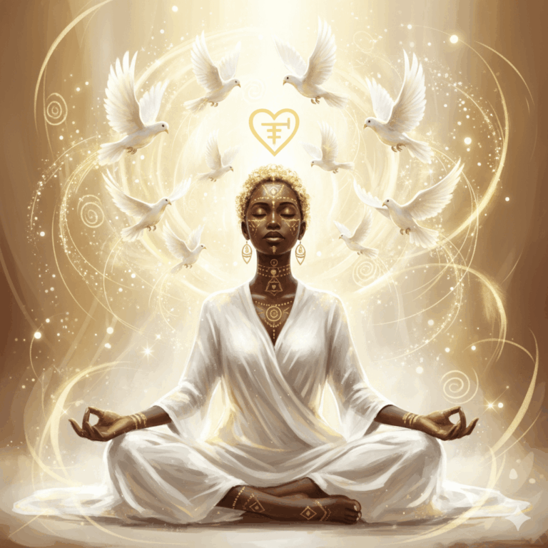 Peinture numérique symbolique : une femme assise en méditation, les yeux fermés, une tourterelle en vol lumineux autour de sa tête formant un halo de lumière, ambiance spirituelle, palette dorée et blanc nacré, style contemplatif