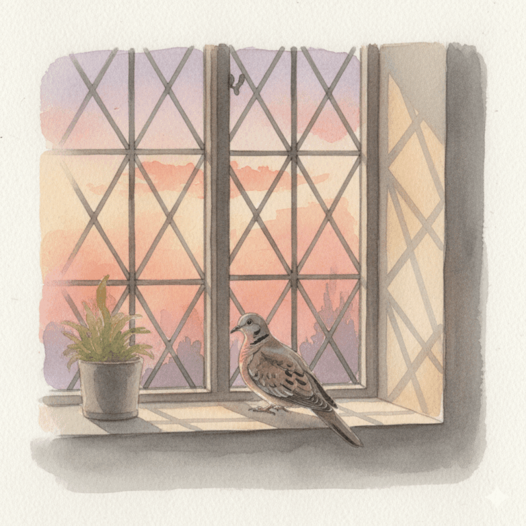 Illustration aquarelle : une tourterelle posée à une fenêtre à petits carreaux, ambiance lumière de fin de journée, le ciel orange et rose en arrière-plan, intérieur en ombre douce, style aquarelle semi-réaliste