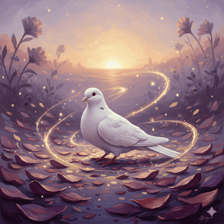 Illustration symbolique poétique : une tourterelle blanche posée au sol, entourée de pétales tombés, ambiance crépusculaire, lumière tamisée violette et dorée, style peinture à l'huile douce — évoque la fin d'un cycle sans être morbide