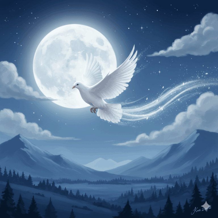 Peinture numérique symbolique : une tourterelle blanche en vol au-dessus d'un paysage nocturne avec une lune pleine, longues traînes de lumière derrière elle comme une comète, palette bleue nuit et argentée, style fantastique doux