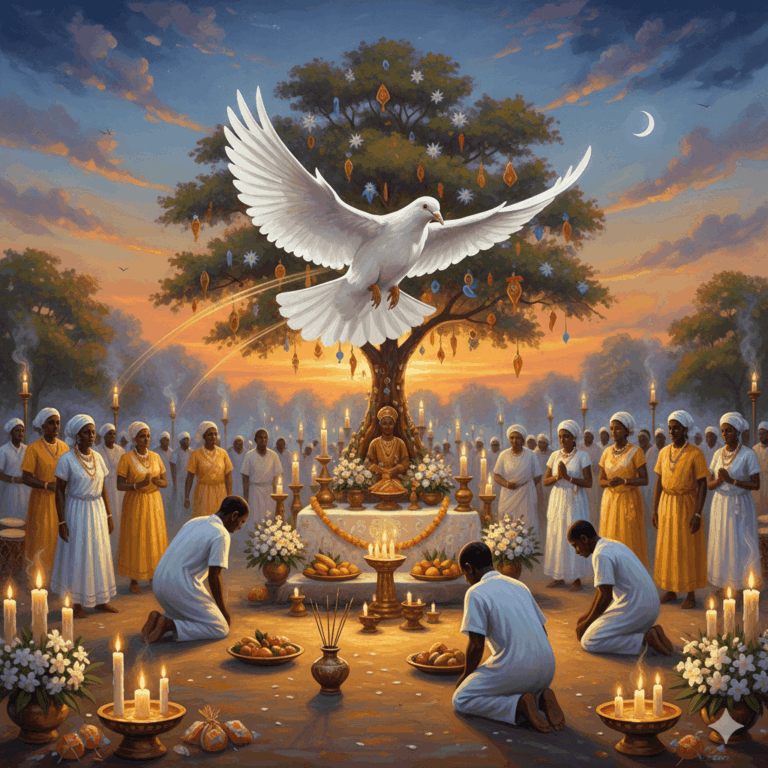 Peinture symbolique afro-brésilienne : une tourterelle blanche en vol au-dessus d'un terreiro de Candomblé à Bahia au crépuscule, lumières de bougies et couleurs vibrantes jaune-or et blanc, atmosphère sacrée et vivante