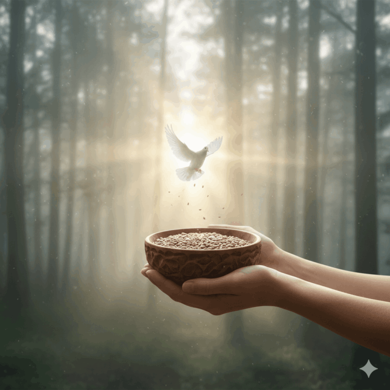 Photographie artistique d'ambiance rituelle : mains féminines tenant un bol en bois rempli de graines, sur fond de nature brumeuse du matin, une silhouette de tourterelle en vol dans le contre-jour, ambiance contemplative et sacrée