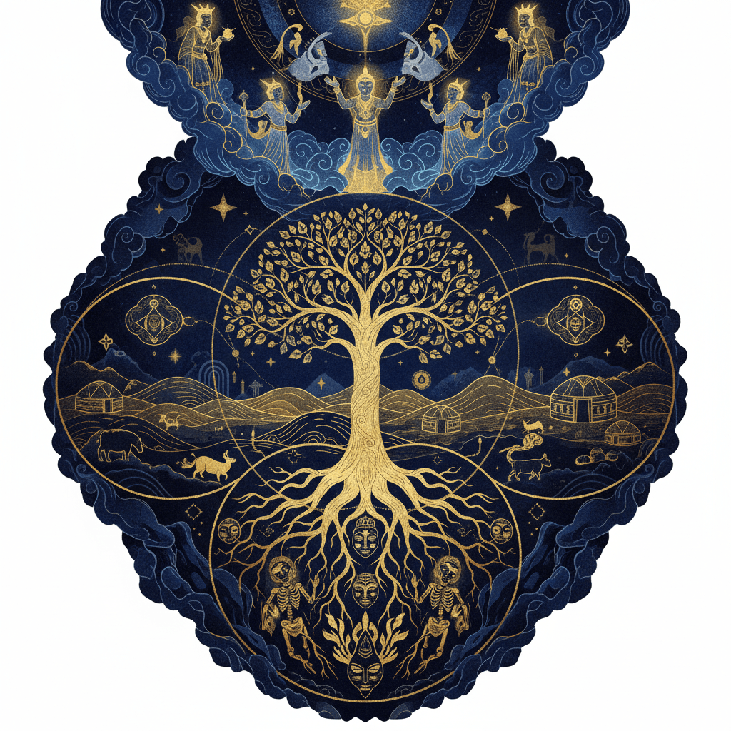 Cosmologie chamanique mongole illustrée : cinq mondes superposés reliant ciel et terre, esprits Tngri dans les nuages, ancêtres dans les racines, palette bleu nuit et or, style illustration mystique contemporaine