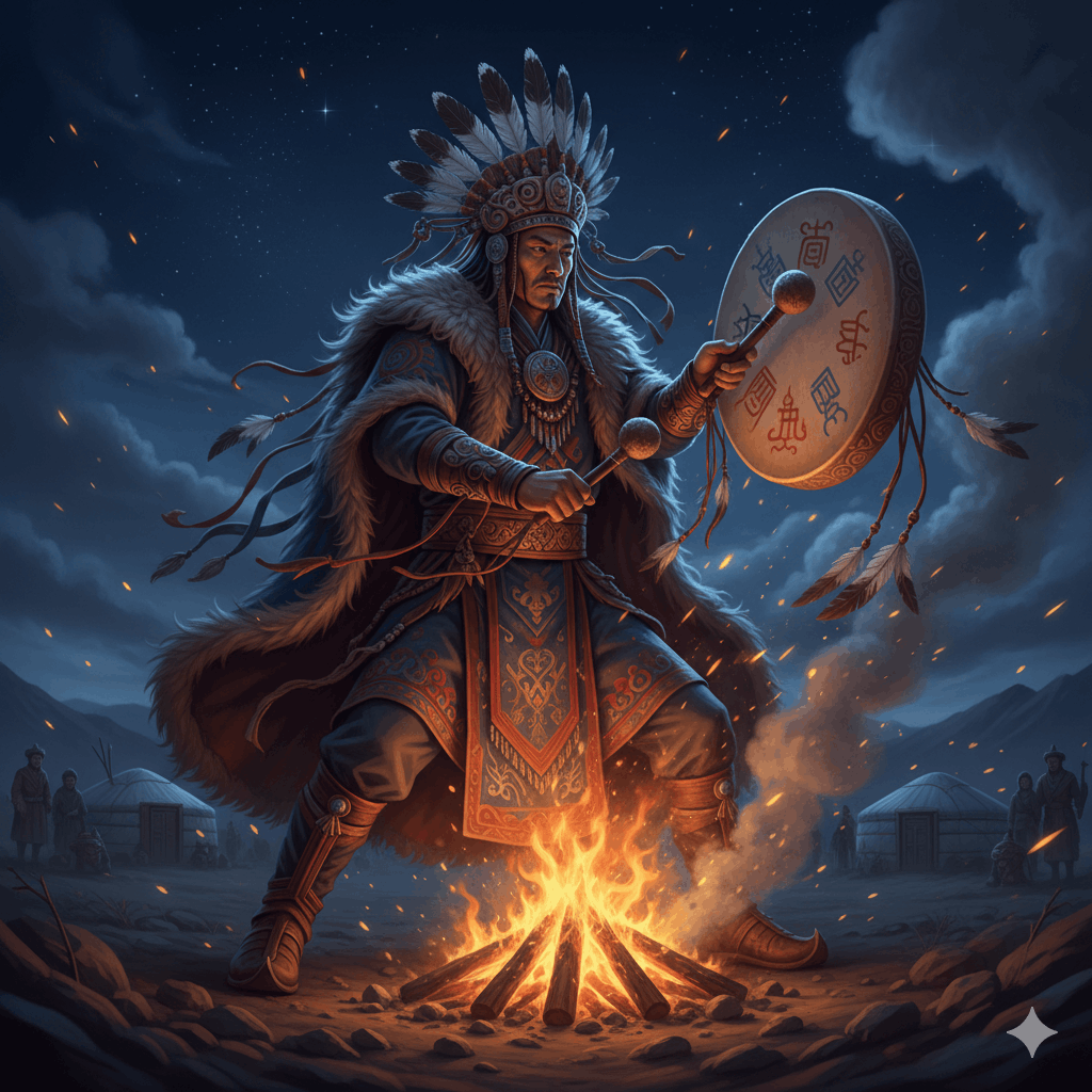 Chamane mongol frappant son tambour rituel hengereg lors d'une cérémonie nocturne, flammes, fumée de genévrier, costume traditionnel, ambiance mystique profonde, illustration numérique réaliste