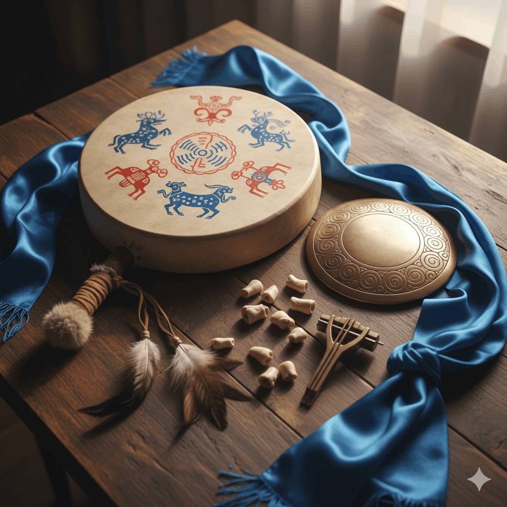 Collection d'objets rituels chamaniques mongols disposés sur une surface en bois : tambour hengereg, miroir toli gravé, osselets shagai, guimbarde, foulards bleus khadag, lumière naturelle chaude, style photo ethnographique artistique