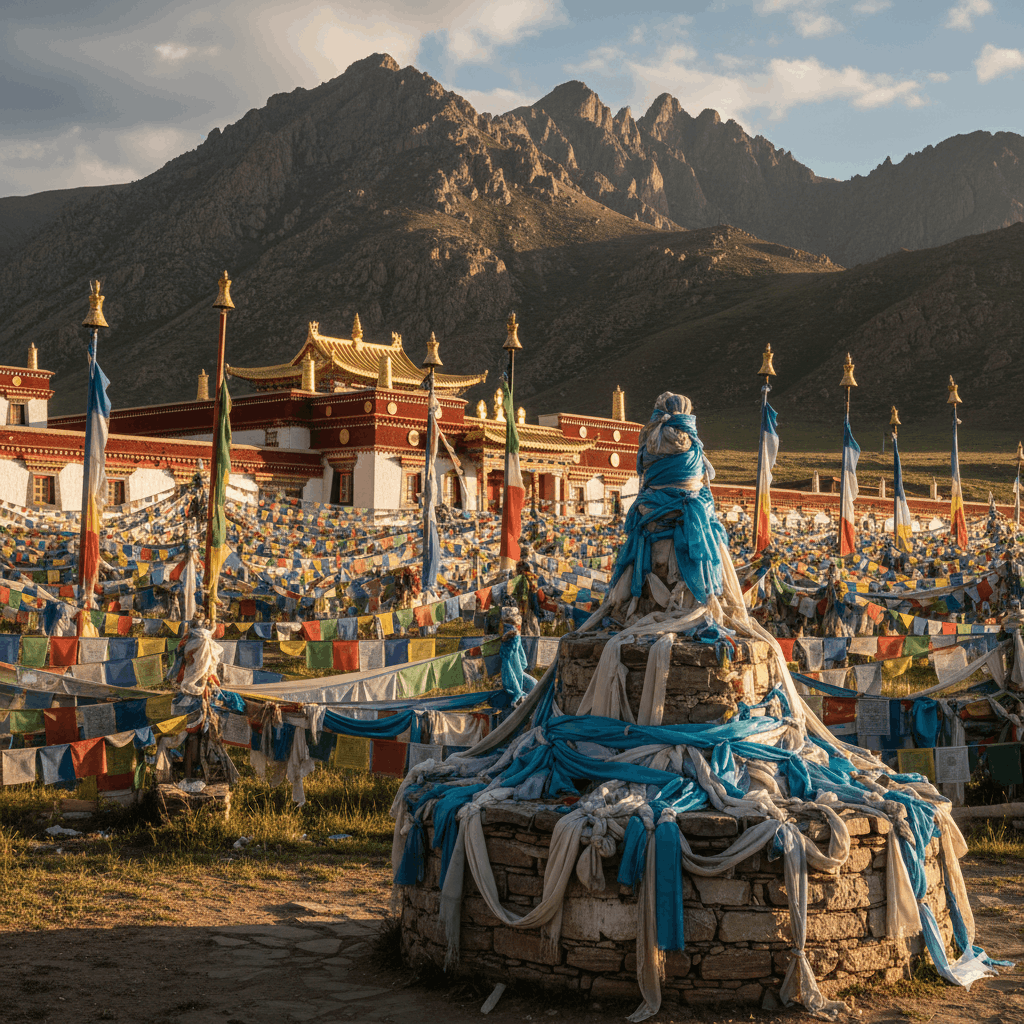 Monastère bouddhiste mongol avec des drapeaux de prière colorés et un Ovoo chamanique visible au premier plan, montagne sacrée en arrière-plan, lumière dorée de fin de journée, style photo de voyage spirituel