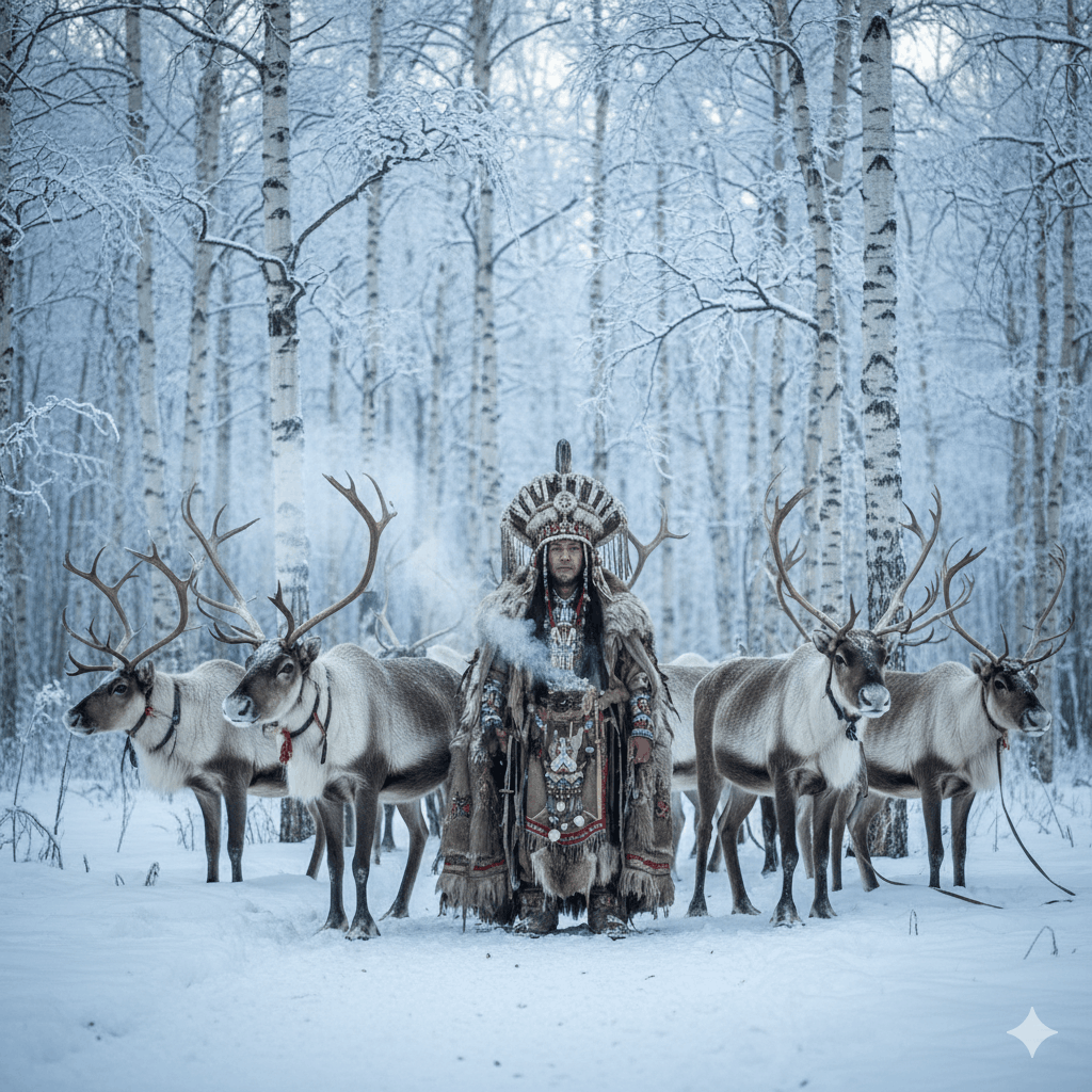 Chamane Tsaatan en costume rituel debout parmi ses rennes dans la forêt de bouleaux sibérienne, lumière hivernale blanche et bleue, ambiance mystique et nordique, style photo artistique