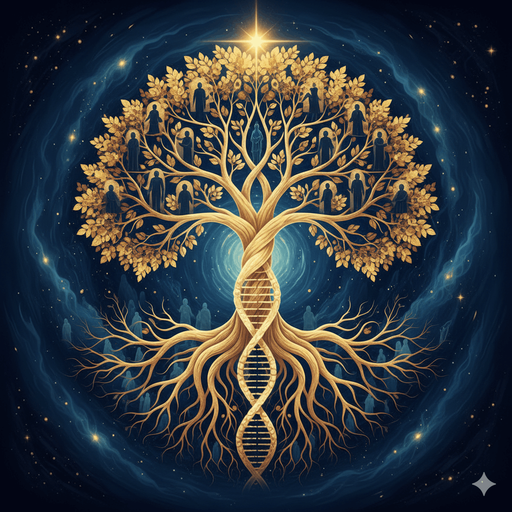 Illustration symbolique de la transmission transgénérationnelle : arbre généalogique dont les racines sont lumineuses, silhouettes d'ancêtres dans les branches, double hélice d'ADN intégrée dans le tronc, palette dorée et bleue profonde, style art numérique spirituel