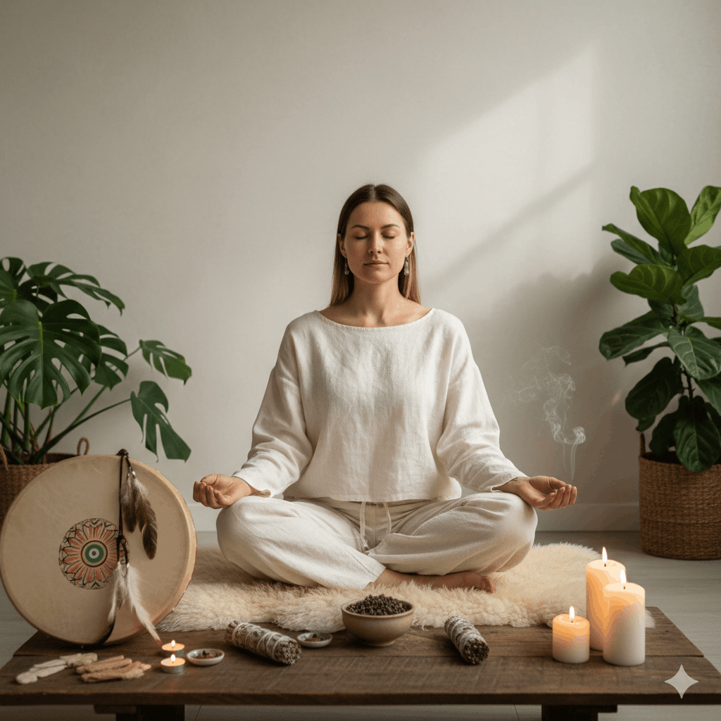 Femme les yeux fermés tenant un tambour chamanique, derrière elle une fenêtre ouverte sur un paysage urbain européen — symbolisant la pratique chamanique dans la vie moderne, lumière dorée, style photo atmosphérique contemplatif