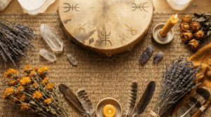Vue de dessus d'un espace de soin chamanique, tambour artisanal en peau posé sur une natte tressée, cristaux transparents, plumes naturelles, fleurs séchées, une bougie allumée, palette de couleurs chaudes ocre et or, lumière naturelle tamisée, photographie flat lay artistique, haute résolution