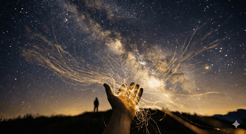 Main humaine tendue vers un ciel étoilé nocturne, fines particules de lumière dorée qui s'en échappent comme de l'énergie, ambiance mystique et poétique, tons bleu nuit profond et or, photographie artistique longue exposition, atmosphère de connexion entre deux mondes